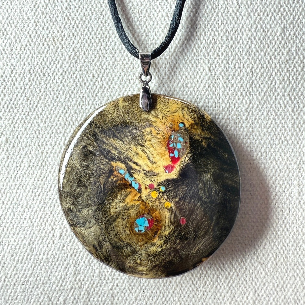 Buckeye‎ Wood Pendant Necklace Hollow Lightweight Burl Long Adjustable Cord